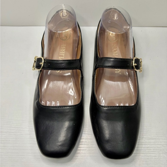 Sam & Libby Fredi Black Mary Jane Gold Buckle Leather Flats Size 8 1/2 - Picture 3 of 16
